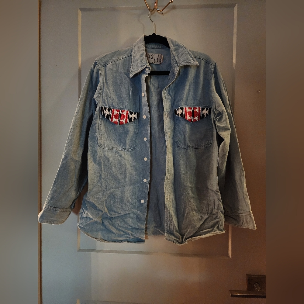 Denim Shirt with Patterned Pockets